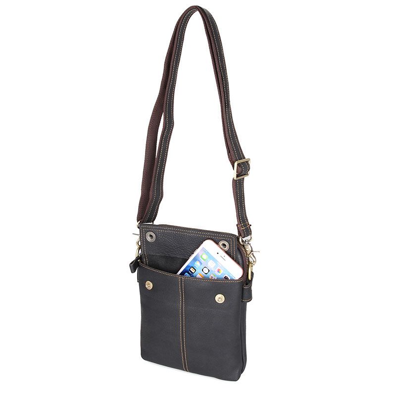 1002A Black Genuine Leather Mens Small Sling Bag Purse_Waist Bag Fanny